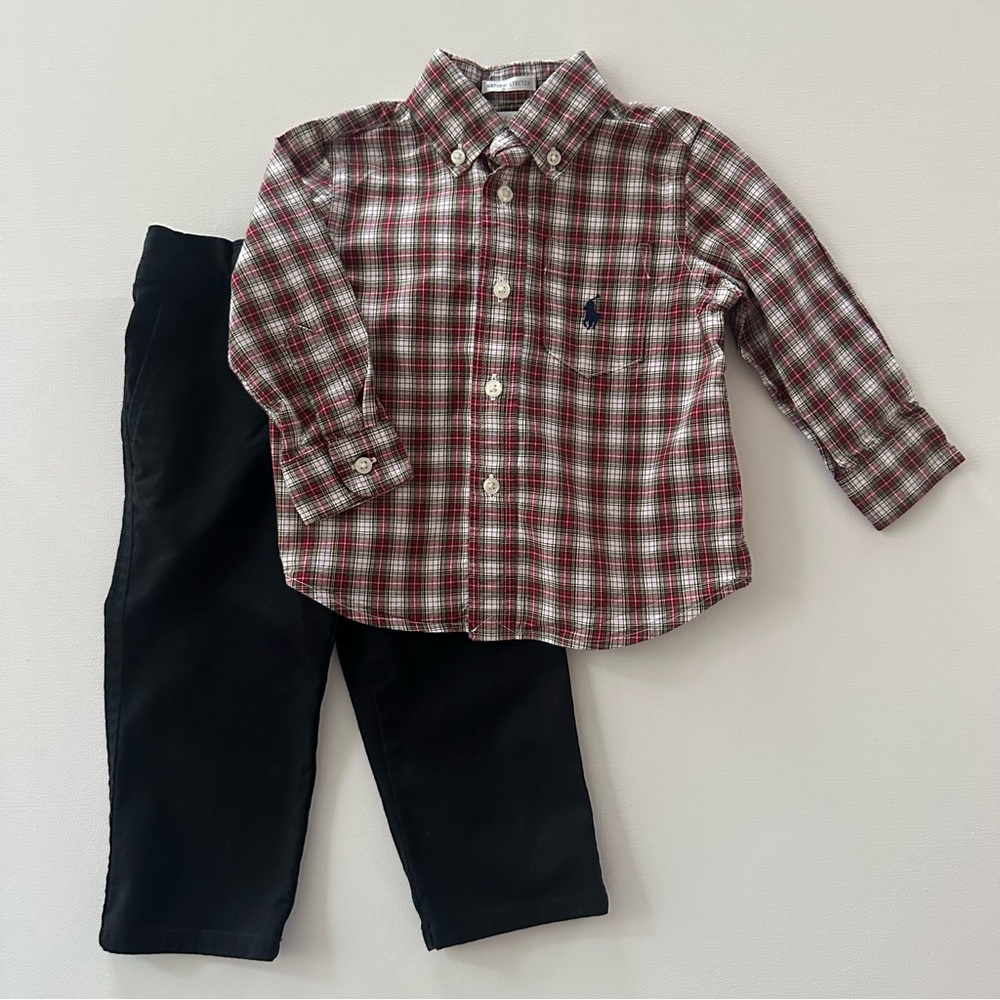 Ralph Lauren 12 Months Baby Boy Red Plaid Shirt & Black Pants Set Holiday